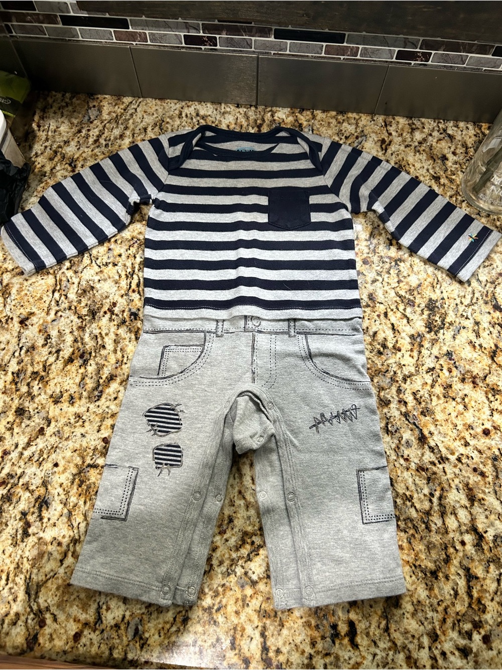 Navy & Gray Striped Baby One-Piece Bodysuit with Pocket
